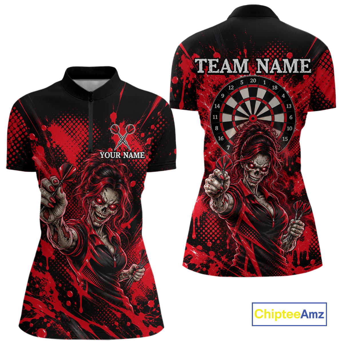 Custom Neon Red Zombie Darts Polo 1/4-Zip Shirt For Women Splatter Darts Tournament Apparel Jersey NYN5102