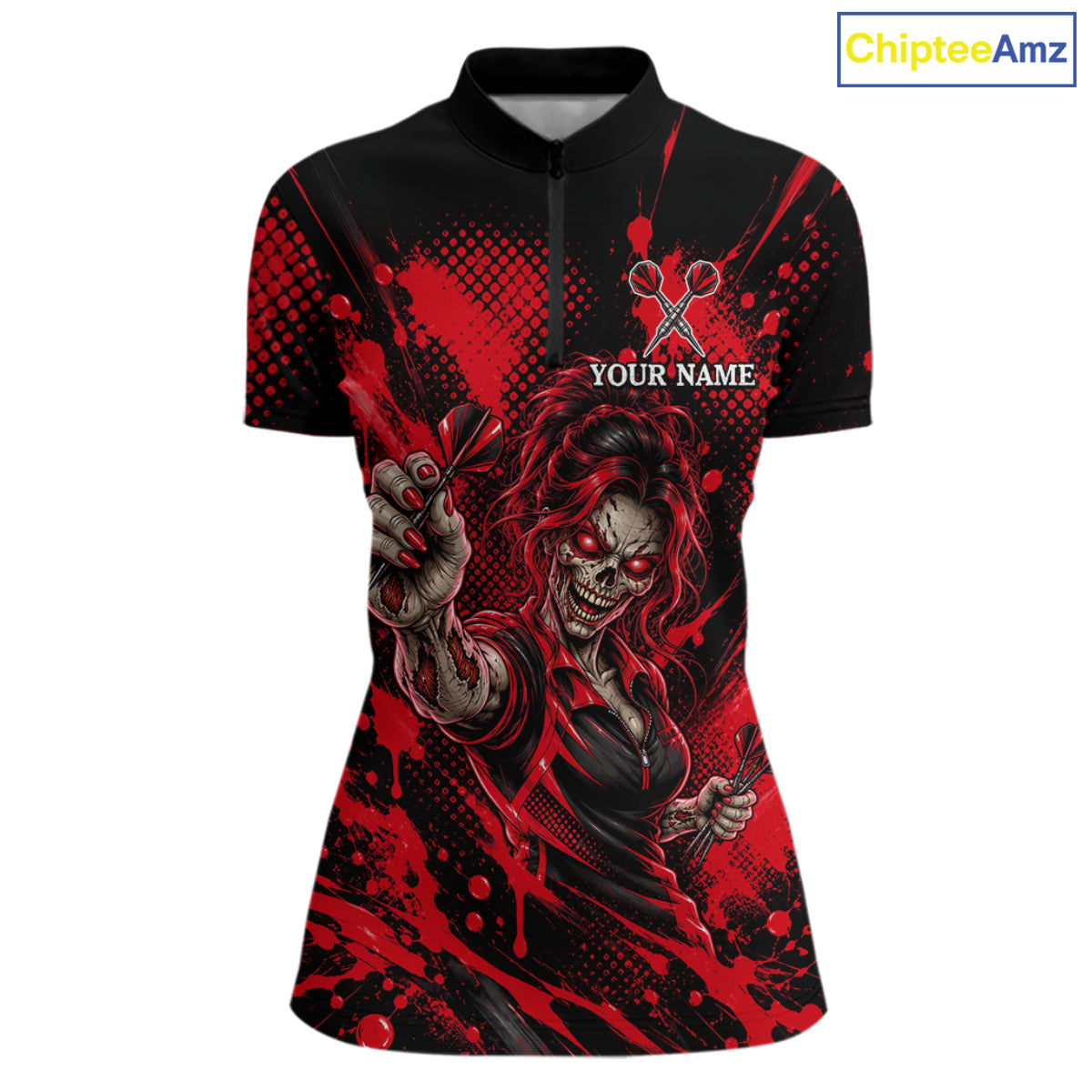 Custom Neon Red Zombie Darts Polo 1/4-Zip Shirt For Women Splatter Darts Tournament Apparel Jersey NYN5102