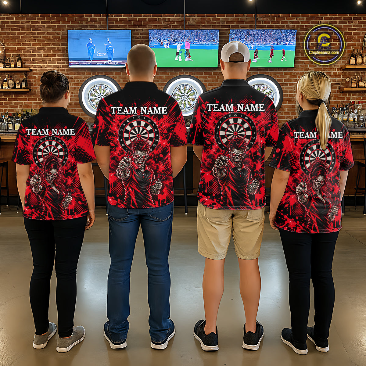 Custom Neon Red Zombie Darts Polo 1/4-Zip Shirt For Women Splatter Darts Tournament Apparel Jersey NYN5102