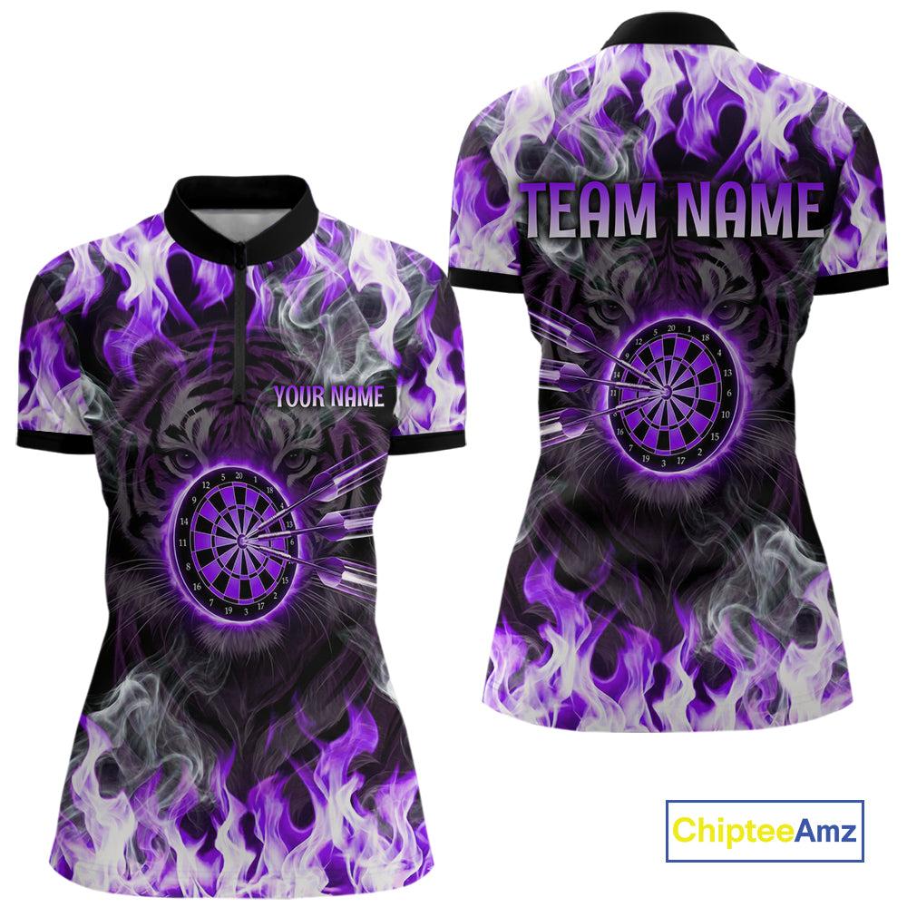 Purple Flaming Tiger Women Dart 1/4-Zip Shirts Personalized Name & Team Fire Flame Dart Jerseys NYN2101