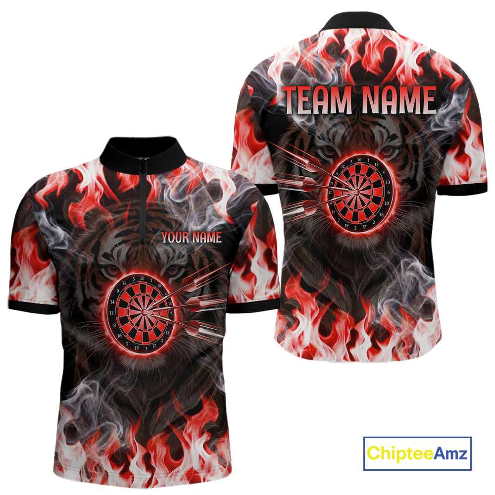 Red Flaming Tiger Men Dart 1/4-Zip Shirts Personalized Name & Team Fire Flame Dart Jerseys NYN2102