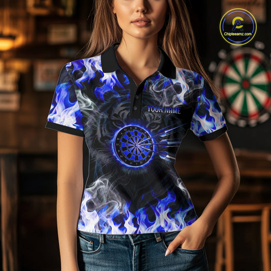 Blue Flaming Tiger Women Dart Polo Shirts Personalized Name & Team Fire Flame Dart Jerseys NYN2103