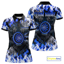 Load image into Gallery viewer, Blue Flaming Tiger Women Dart Polo Shirts Personalized Name &amp; Team Fire Flame Dart Jerseys NYN2103
