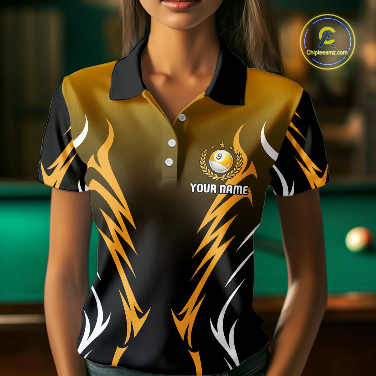 Custom Yellow Flames 8 Ball Women's Billiard Shirts Personalized Billiard Cue Attire Gifts NYN2339