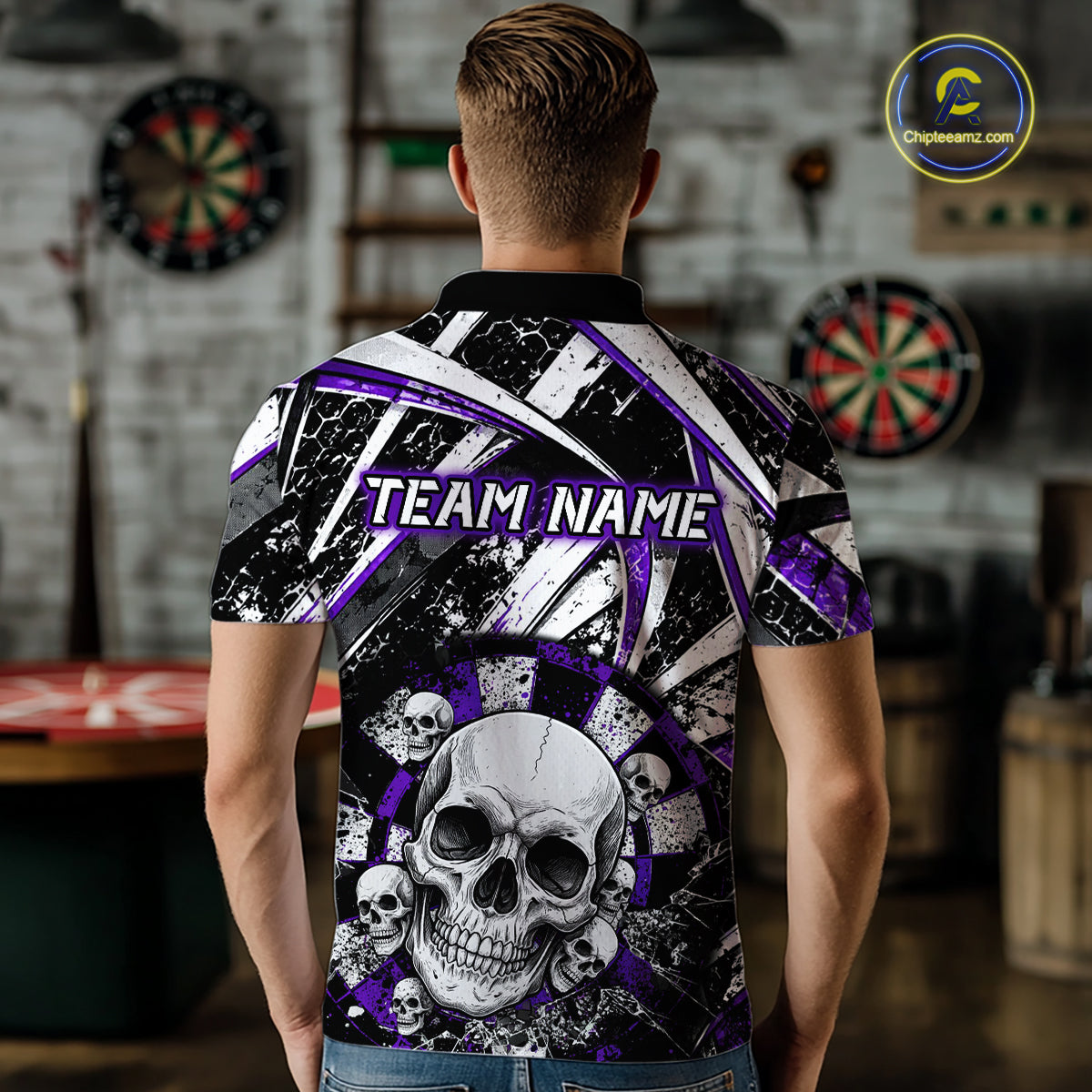 Black & Purple Dartboard Grunge Men Darts Polo Shirts Custom Multi-Skull Dart Team Jerseys NYN2350