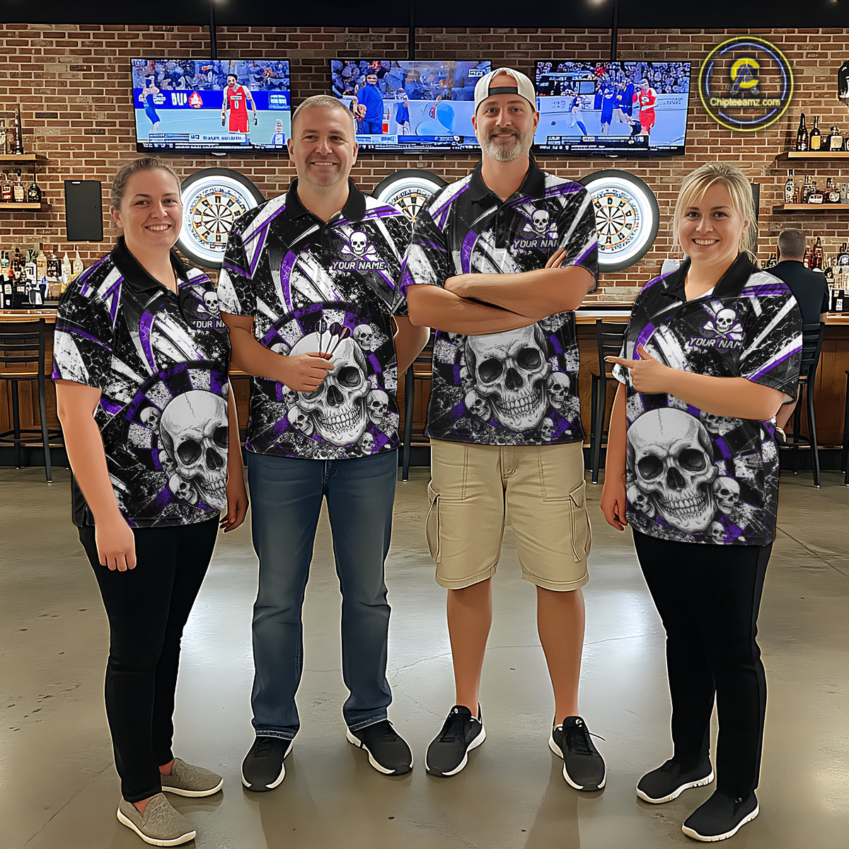 Black & Purple Dartboard Grunge Women Darts Polo Shirts Custom Multi-Skull Dart Team Jerseys NYN2350