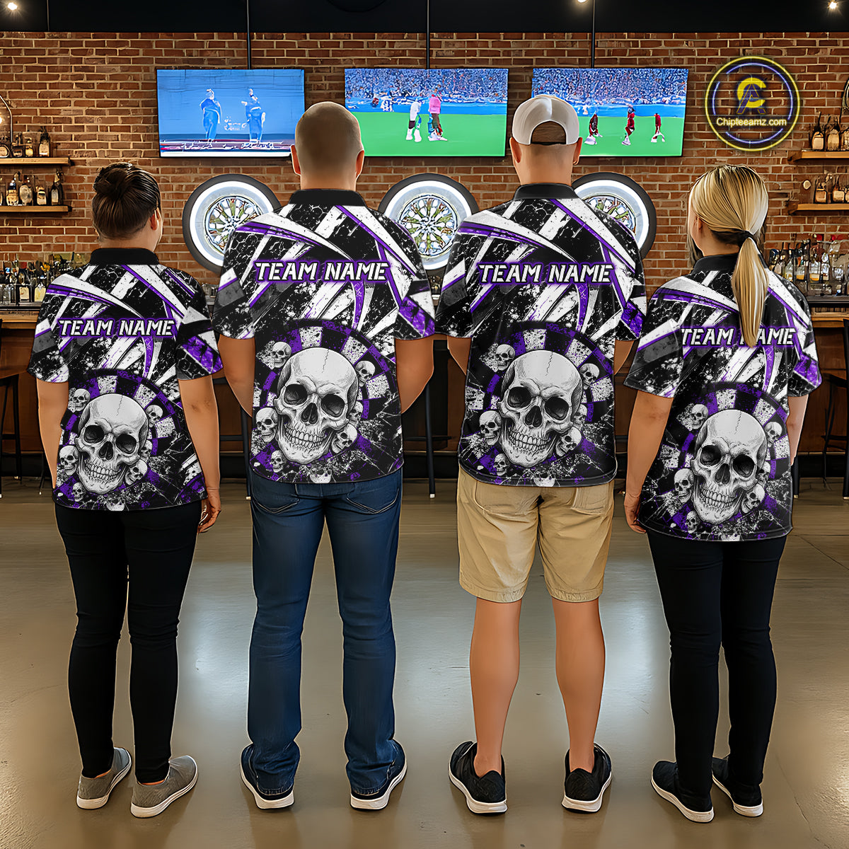 Black & Purple Dartboard Grunge Women Darts Polo Shirts Custom Multi-Skull Dart Team Jerseys NYN2350