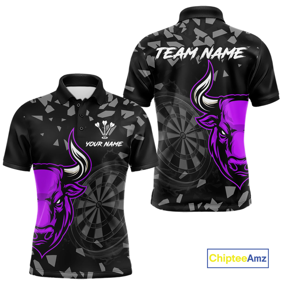 Bull & Dartboard Custom Grunge Men's Darts Polo Shirt Purple Darts Team Jersey NYN2351
