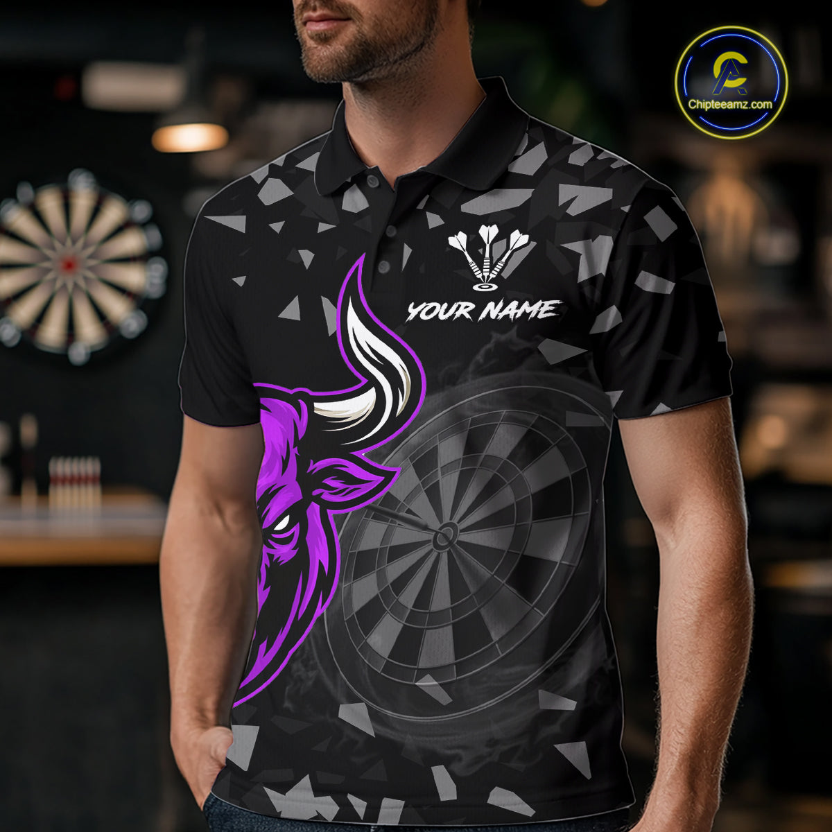 Bull & Dartboard Custom Grunge Men's Darts Polo Shirt Purple Darts Team Jersey NYN2351