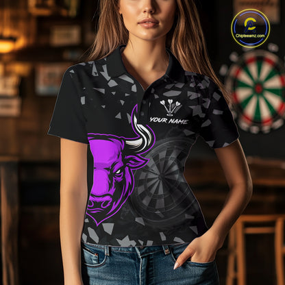 Bull & Dartboard Custom Grunge Women Darts Polo Shirt Purple Darts Team Jersey NYN2351