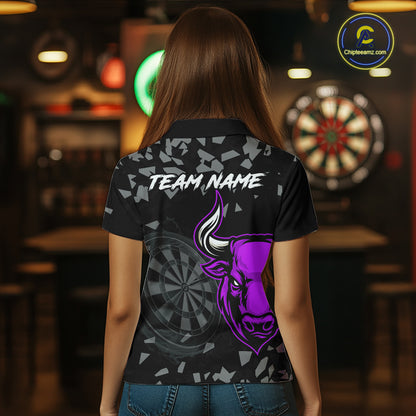 Bull & Dartboard Custom Grunge Women Darts Polo Shirt Purple Darts Team Jersey NYN2351