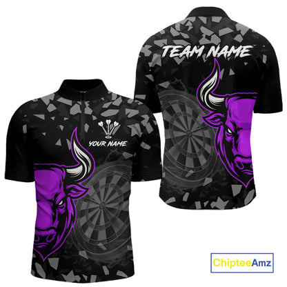 Bull & Dartboard Custom Grunge Men Darts 1/4-Zip Shirt Purple Darts Team Jersey NYN2351