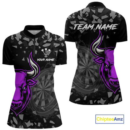 Bull & Dartboard Custom Grunge Women Darts 1/4-Zip Shirt Purple Darts Team Jersey NYN2351