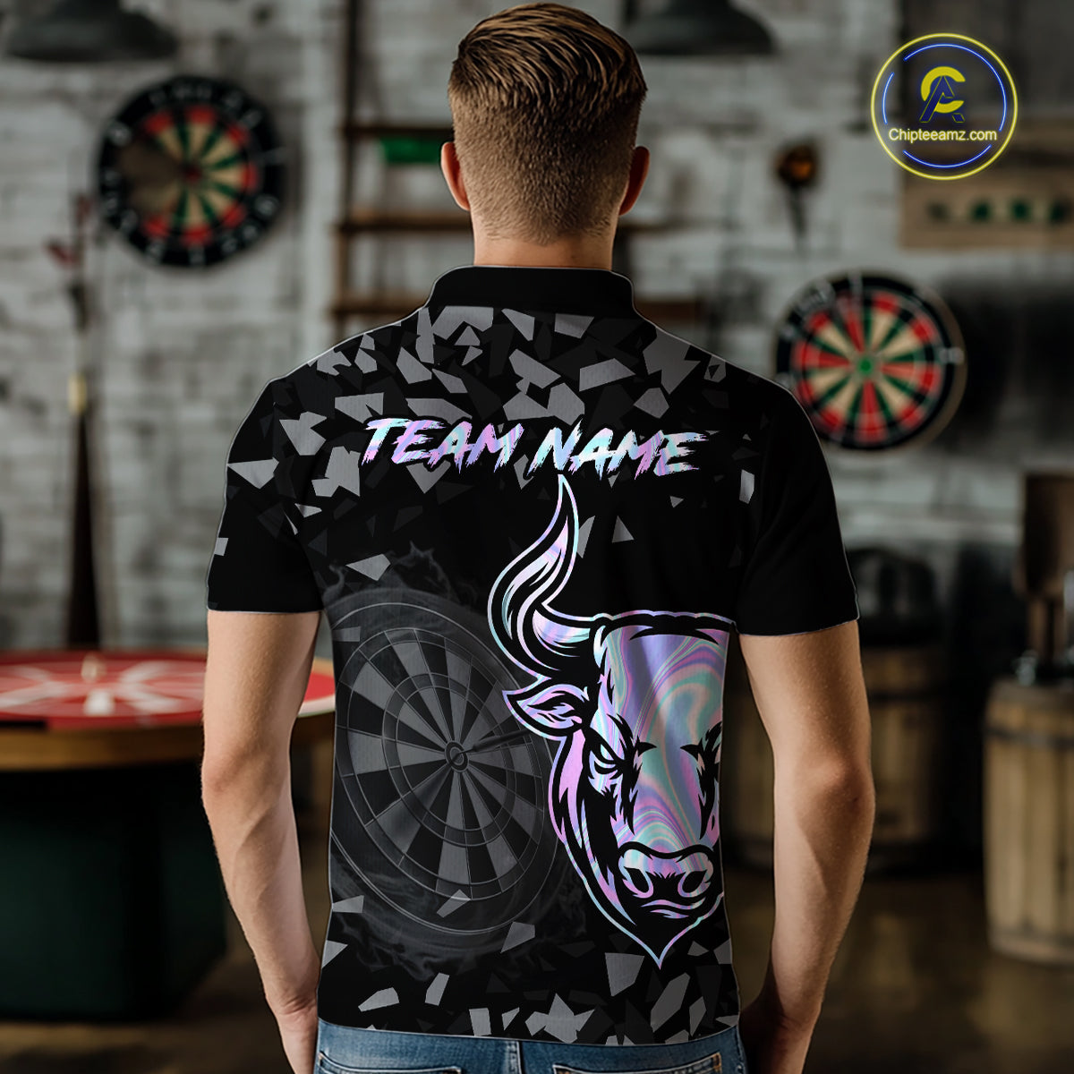 Bull & Dartboard Custom Grunge Men's Darts Polo Shirt Holographic Darts Team Jersey NYN2353