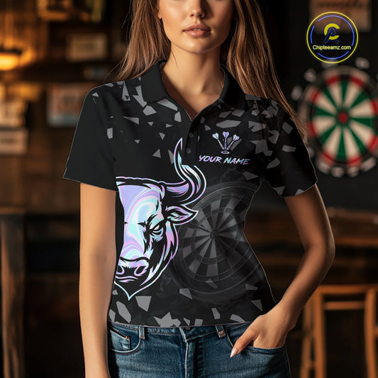 Bull & Dartboard Custom Grunge Women Darts Polo Shirt Holographic Darts Team Jersey NYN2353