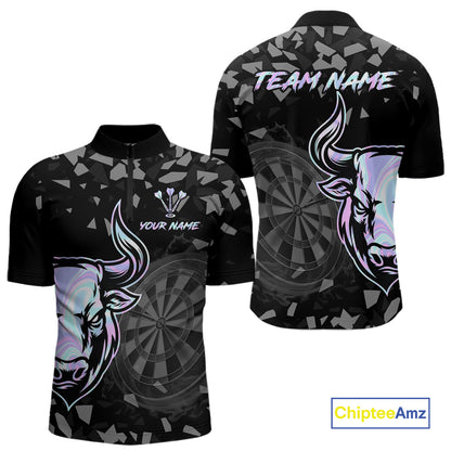 Bull & Dartboard Custom Grunge Men's Darts 1/4-Zip Shirt Holographic Darts Team Jersey NYN2353