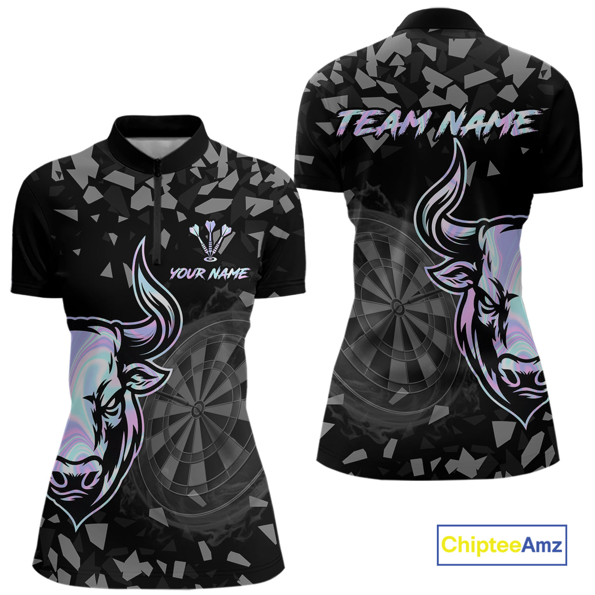 Bull & Dartboard Custom Grunge Women Darts 1/4-Zip Shirt Holographic Darts Team Jersey NYN2353