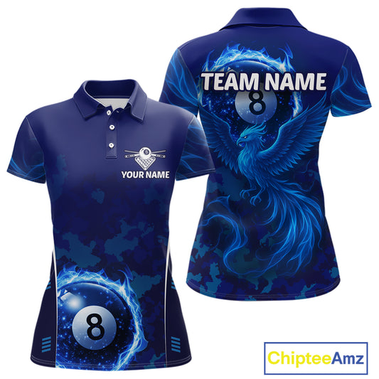 Blue Camouflage Women's Billiard Polo & 1/4 Zip Shirt Custom Flame 8 Ball Billiard Jerseys NYN2359