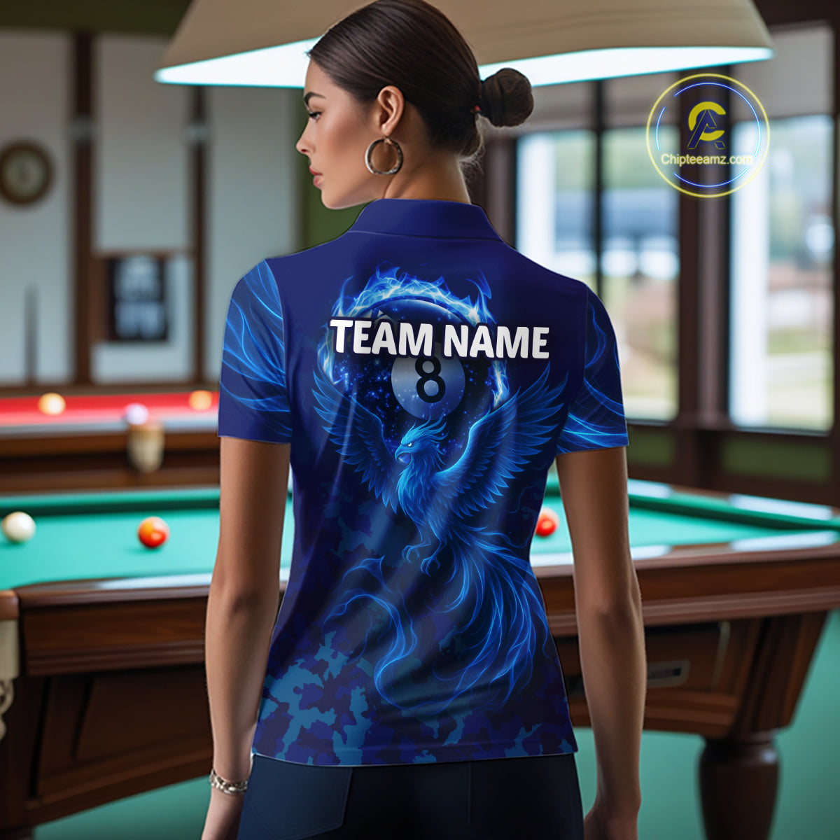 Blue Camouflage Women's Billiard Polo & 1/4 Zip Shirt Custom Flame 8 Ball Billiard Jerseys NYN2359