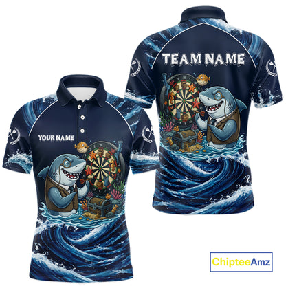 Blue Waving Funny Shark Play Darts Polo & 1/4-Zip Shirt For Men Custom Name Dart Jersey For Darters NYN2977