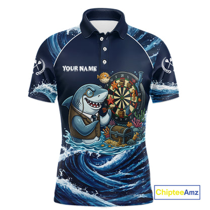 Blue Waving Funny Shark Play Darts Polo & 1/4-Zip Shirt For Men Custom Name Dart Jersey For Darters NYN2977