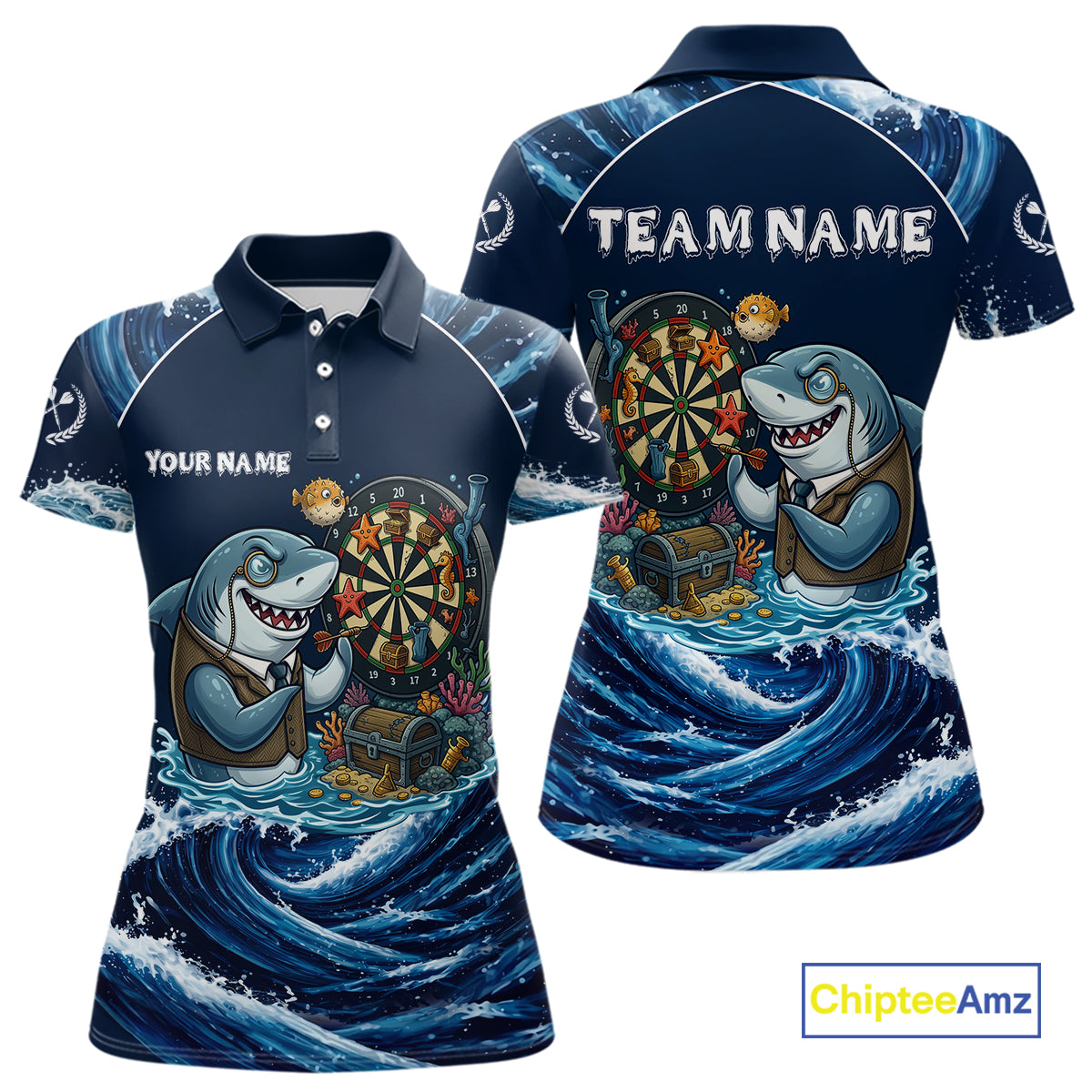 Blue Waving Funny Shark Play Darts Polo & 1/4-Zip Shirt For Women Custom Name Dart Jersey For Darters NYN2977