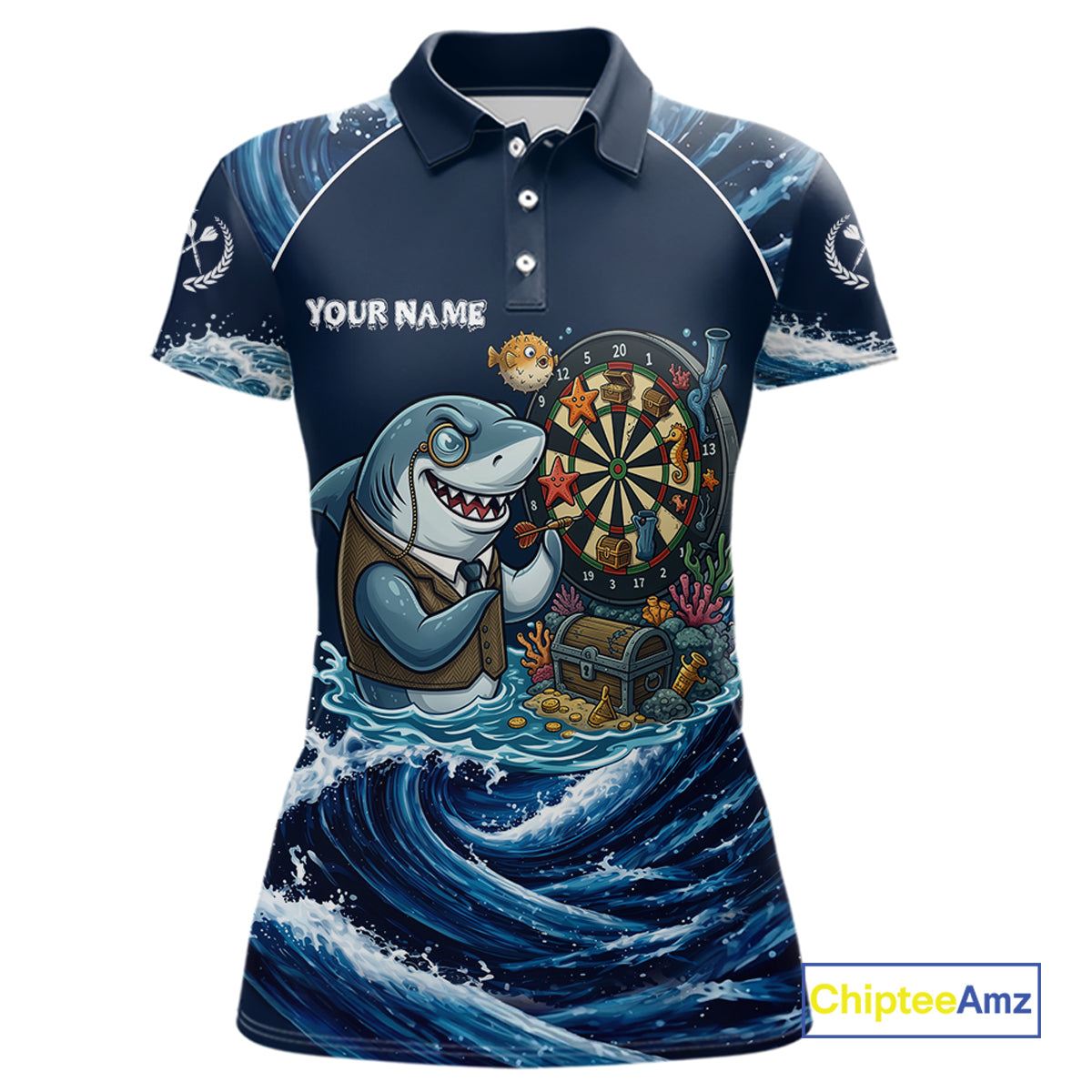 Blue Waving Funny Shark Play Darts Polo & 1/4-Zip Shirt For Women Custom Name Dart Jersey For Darters NYN2977