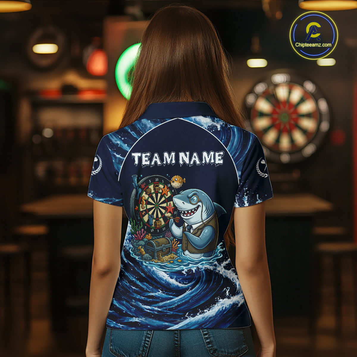 Blue Waving Funny Shark Play Darts Polo & 1/4-Zip Shirt For Women Custom Name Dart Jersey For Darters NYN2977