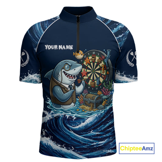 Blue Waving Funny Shark Play Darts Polo & 1/4-Zip Shirt For Men Custom Name Dart Jersey For Darters NYN2977