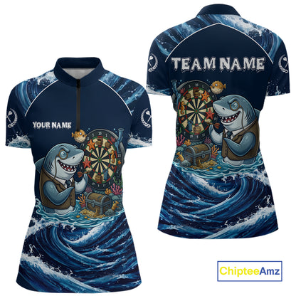 Blue Waving Funny Shark Play Darts Polo & 1/4-Zip Shirt For Women Custom Name Dart Jersey For Darters NYN2977