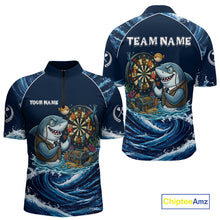 Load image into Gallery viewer, Blue Waving Funny Shark Play Darts Polo &amp; 1/4-Zip Shirt For Men Custom Name Dart Jersey For Darters NYN2977