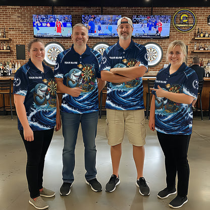 Blue Waving Funny Shark Play Darts Polo & 1/4-Zip Shirt For Women Custom Name Dart Jersey For Darters NYN2977