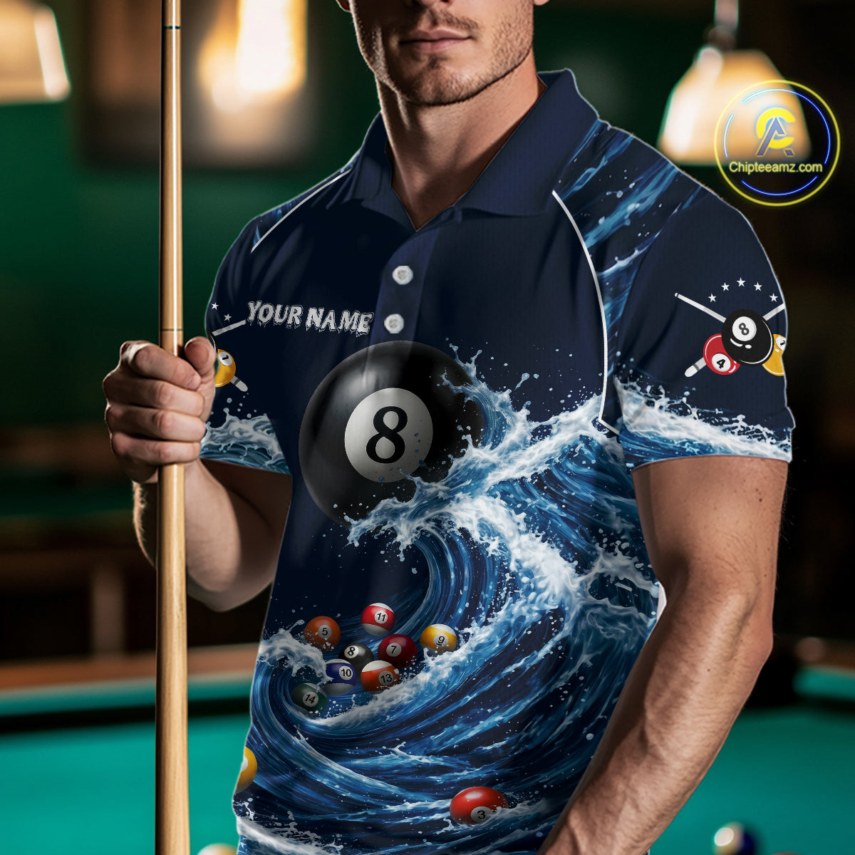 Blue Waving 8 Ball Pool Shirts Custom Billiard Pool Shirts For Men 3D Billiard Team Attire NYN2978