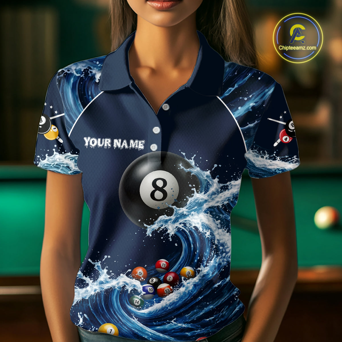 Blue Waving 8 Ball Pool Shirts Custom Billiard Pool Shirts For Women 3D Billiard Team Attire NYN2978