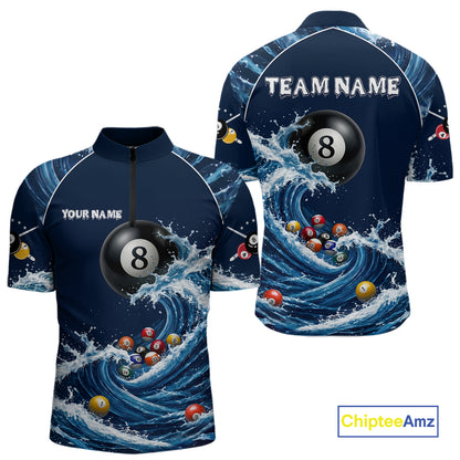 Blue Waving 8 Ball Pool Shirts Custom Billiard Pool Shirts For Men 3D Billiard Team Attire NYN2978