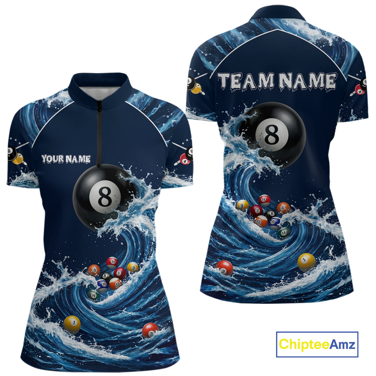Blue Waving 8 Ball Pool Shirts Custom Billiard Pool Shirts For Women 3D Billiard Team Attire NYN2978