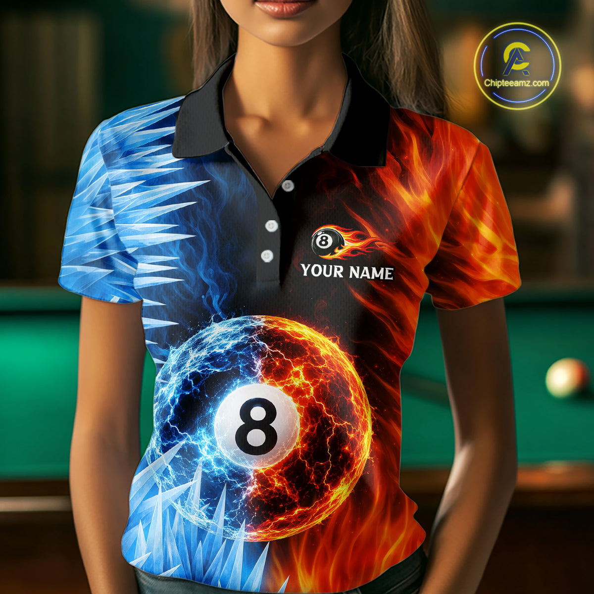 Fire And Icy Pool Billiard Shirts For Women Custom Thunder 8 Ball League Billiard Team Jersey NYN3948
