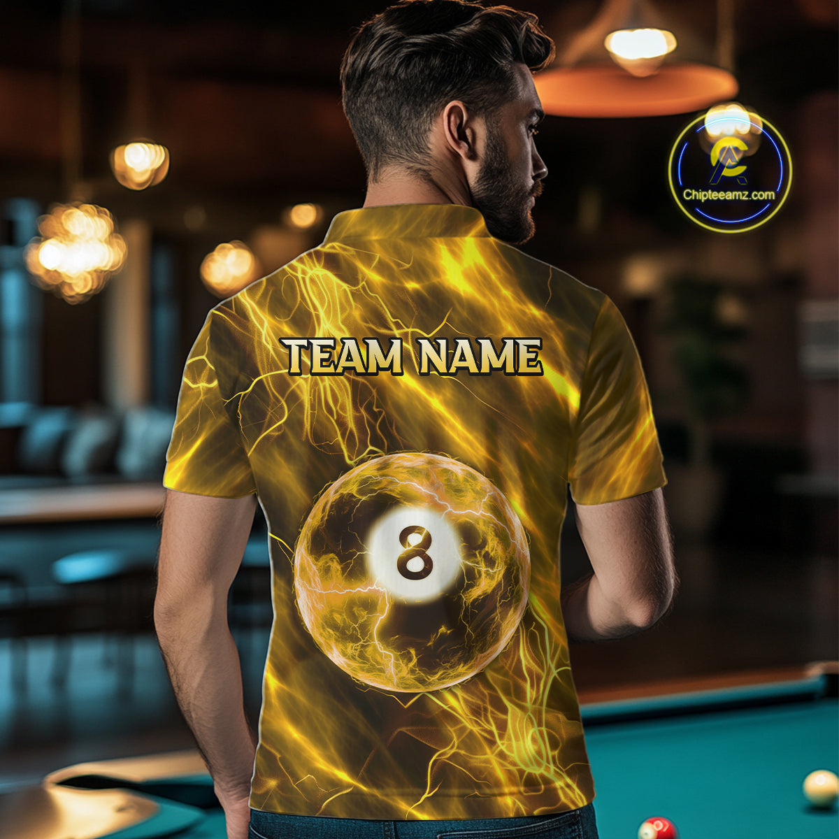 Yellow Thunder 8 Ball Billiard Shirts For Men Custom Thunder Lightning League Billiard Team Jersey NYN3949