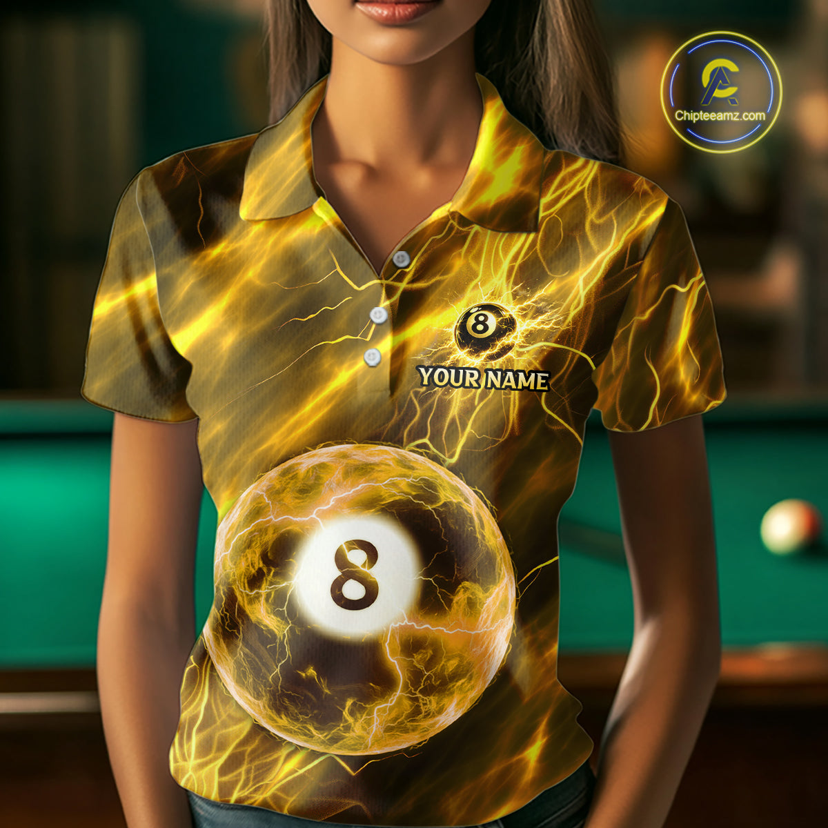 Yellow Thunder 8 Ball Billiard Shirts For Women Custom Thunder Lightning League Billiard Team Jersey NYN3949