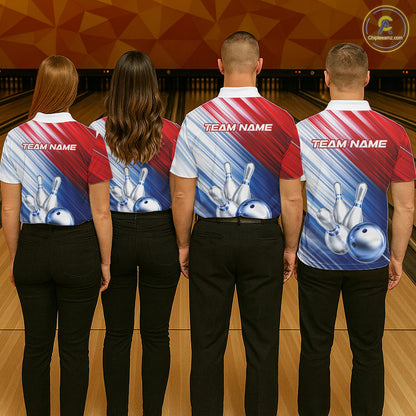 Red And Blue Strike Bowling Shirt For Women Custom Polo Quarter-Zip Bowling Team Jersey NYN3679
