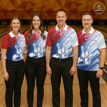 Load image into Gallery viewer, Red And Blue Strike Bowling Shirt For Men Custom Polo Quarter-Zip Bowling Team Jersey NYN3679