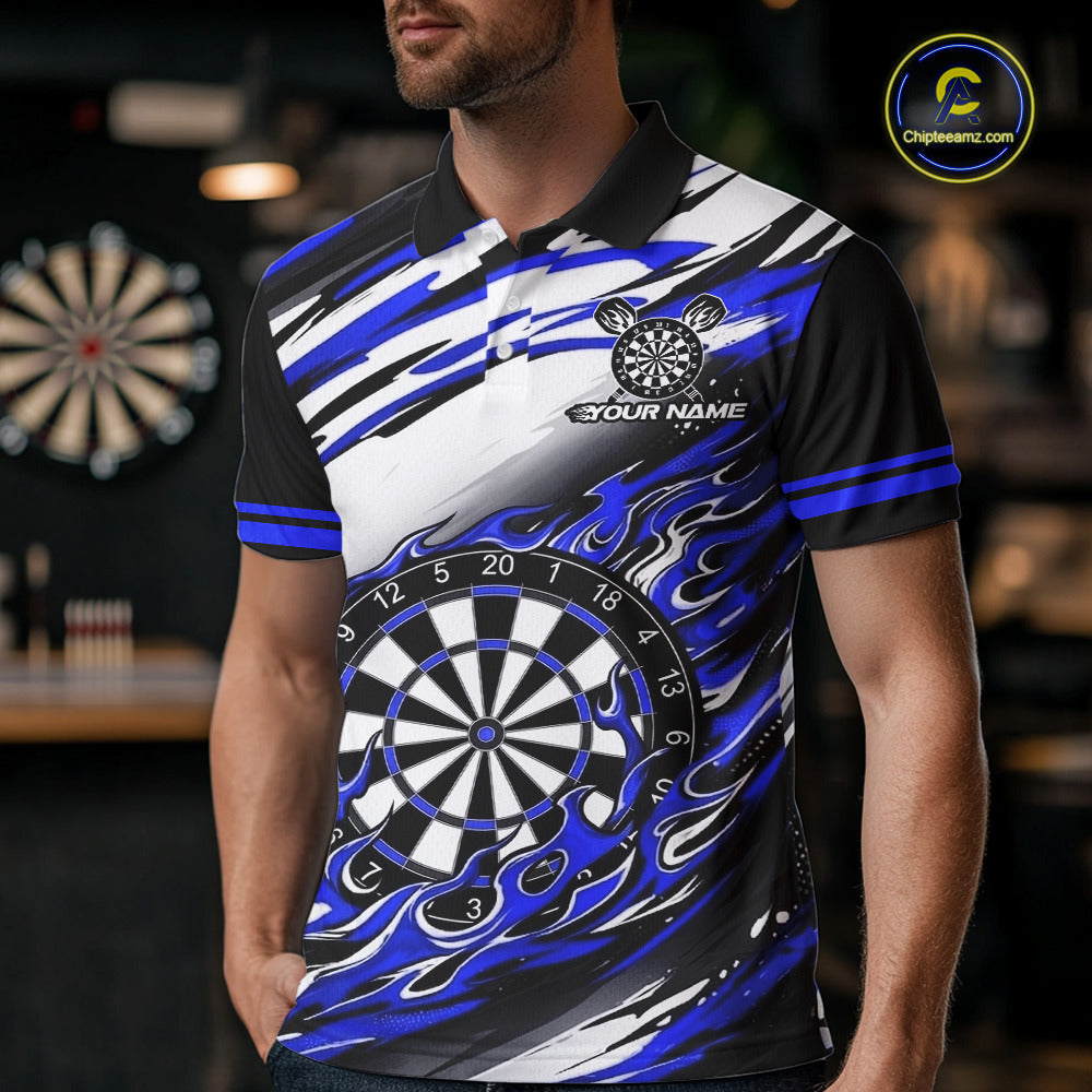 Black And Blue Dartboard Fire Flame Darts Team Shirt For Men Custom Darts Polo 1/4-Zip Jersey NYN3957
