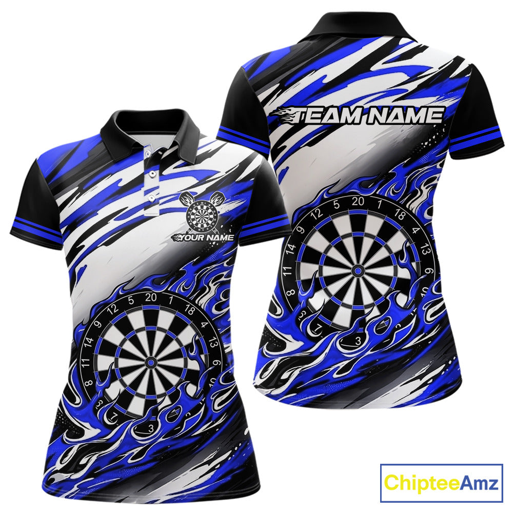 Custom Black & Blue Fire Flame Dartboard Darts Polo Quarter-Zip Shirt Women NYN3957