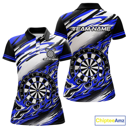 Custom Black & Blue Fire Flame Dartboard Darts Polo Quarter-Zip Shirt Women NYN3957