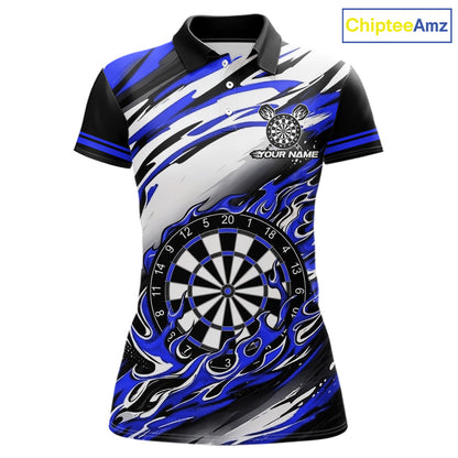 Custom Black & Blue Fire Flame Dartboard Darts Polo Quarter-Zip Shirt Women NYN3957