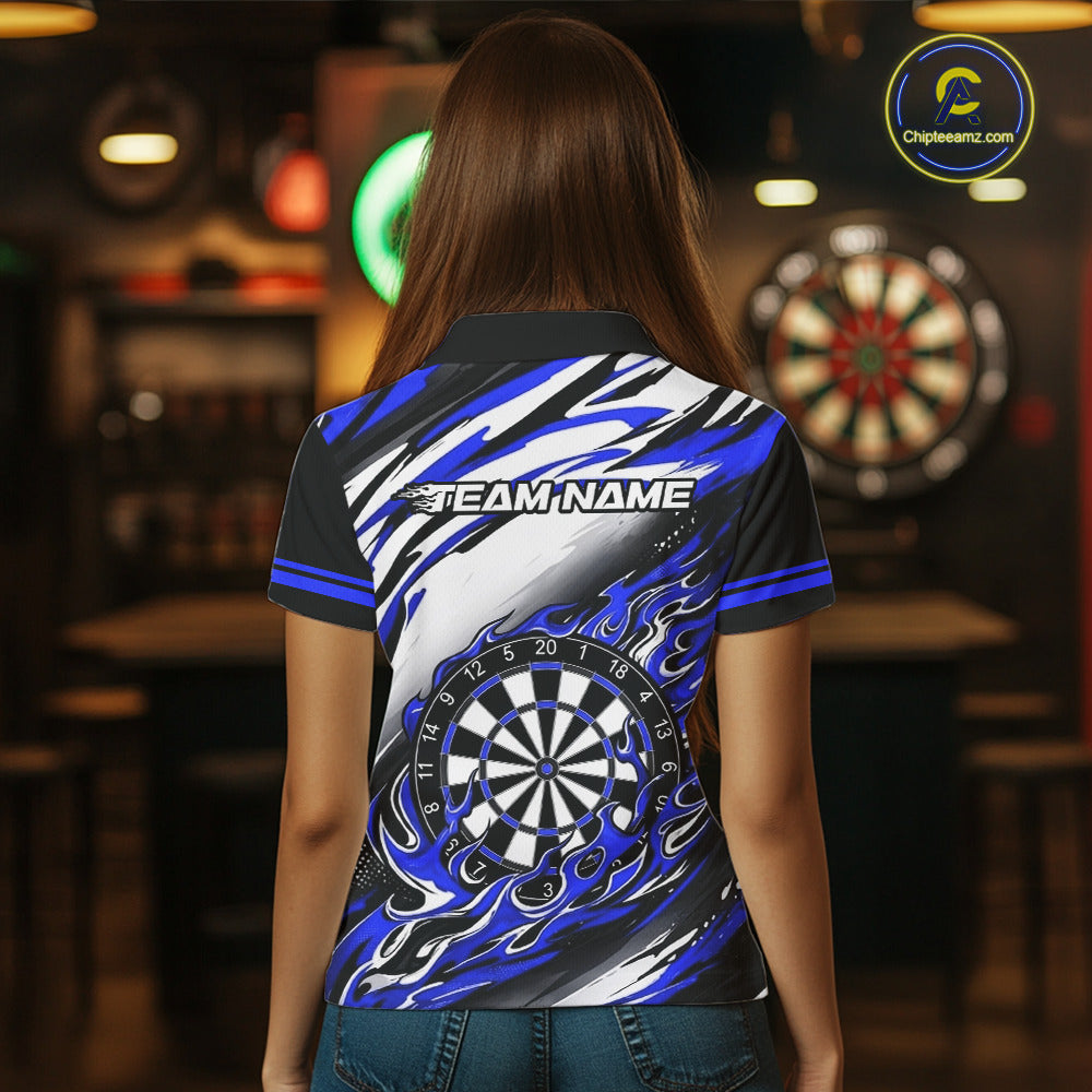 Custom Black & Blue Fire Flame Dartboard Darts Polo Quarter-Zip Shirt Women NYN3957