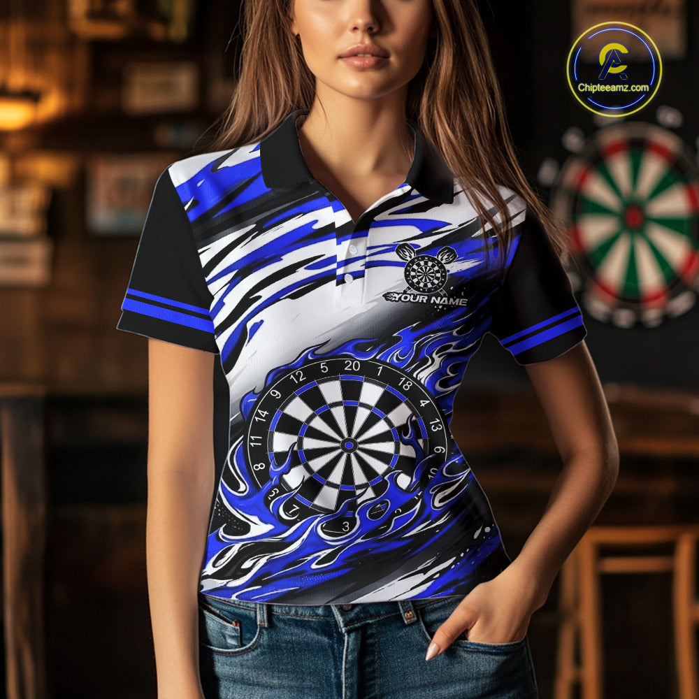 Custom Black & Blue Fire Flame Dartboard Darts Polo Quarter-Zip Shirt Women NYN3957