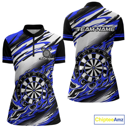 Custom Black & Blue Fire Flame Dartboard Darts Polo Quarter-Zip Shirt Women NYN3957