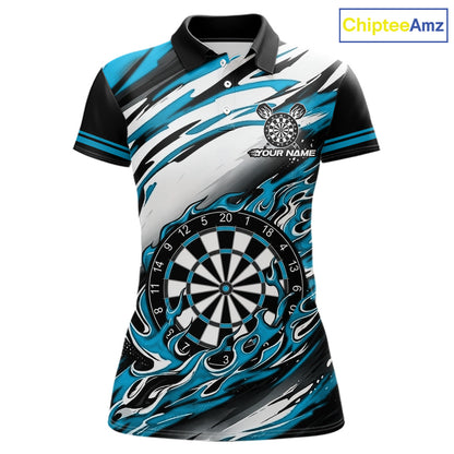 Black And Teal Dartboard Fire Flame Darts Team Shirt For Women Custom Darts Polo 1/4-Zip Jersey NYN3958
