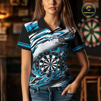 Black And Teal Dartboard Fire Flame Darts Team Shirt For Women Custom Darts Polo 1/4-Zip Jersey NYN3958